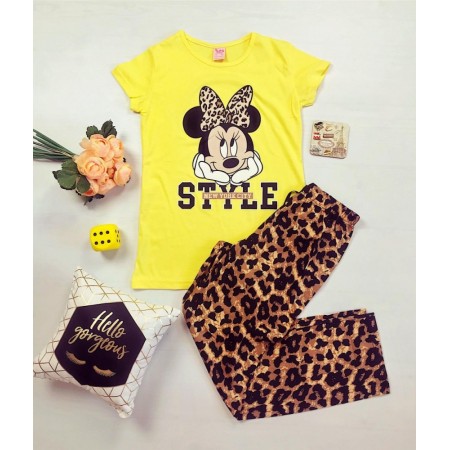 Pijama dama ieftina din bumbac cu pantaloni lungi animal print si tricou galben cu imprimeu MM Style
